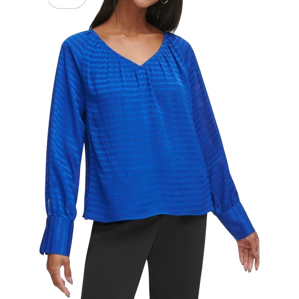 Calvin Klein Plus Size Woven Tiled Chiffon V-Neck Long Sleeve Top Blue Size 3X